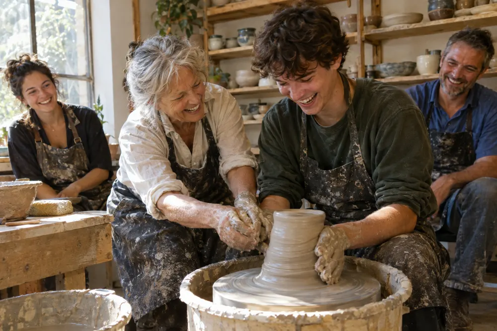 An older woman teaching a young man at a pottery wheel while others watch and laugh