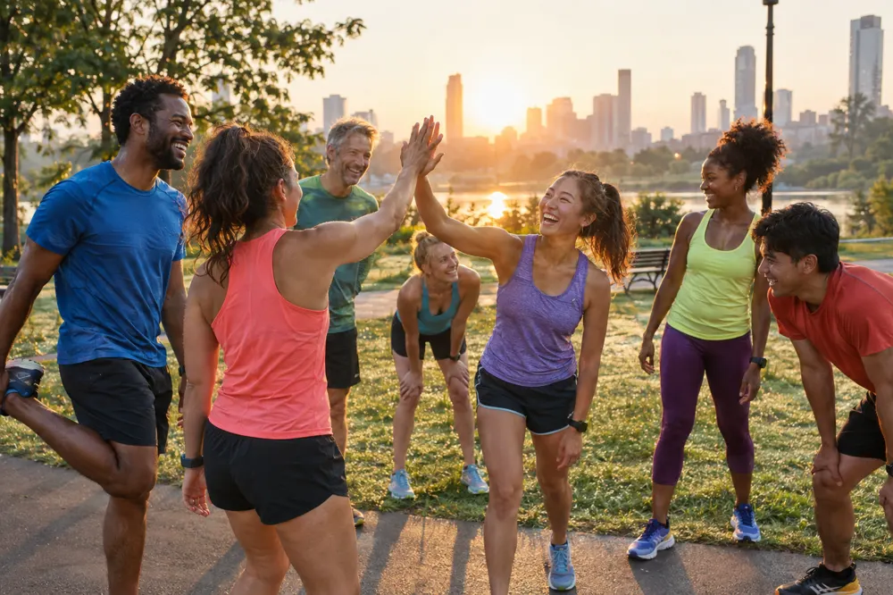 A mixed run club stretching and high-fiving in a park at sunrise